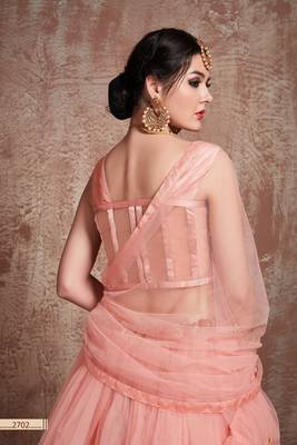 Peach Embroidered Net Unstitched Lehenga 4