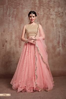 Baby-Pink Embroidered Net Unstitched Lehenga 2