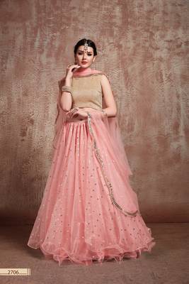 Baby-Pink Embroidered Net Unstitched Lehenga 3