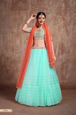 Blue Embroidered Net Unstitched Lehenga 1