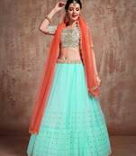 Blue Embroidered Net Unstitched Lehenga