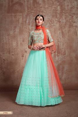 Blue Embroidered Net Unstitched Lehenga 2