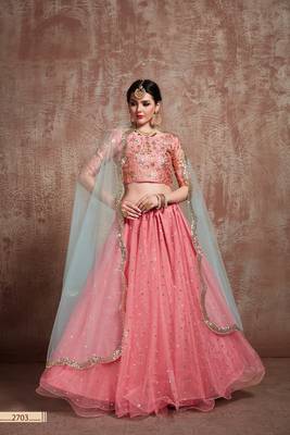 Pink Embroidered Net Unstitched Lehenga 1
