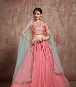 Pink Embroidered Net Unstitched Lehenga
