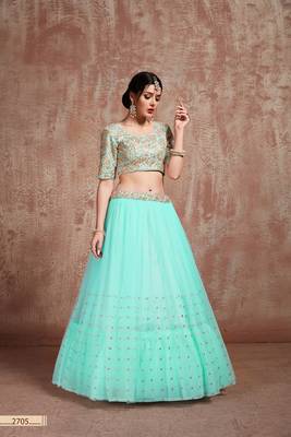 Blue Embroidered Net Unstitched Lehenga 4