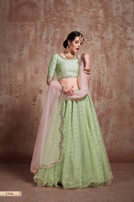 Light-Green Embroidered Net Unstitched Lehenga 4