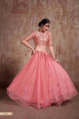 Pink Embroidered Net Unstitched Lehenga 3