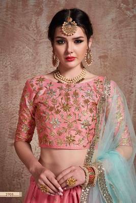 Pink Embroidered Net Unstitched Lehenga 4