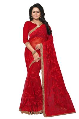Red embroidered net saree with blouse 1