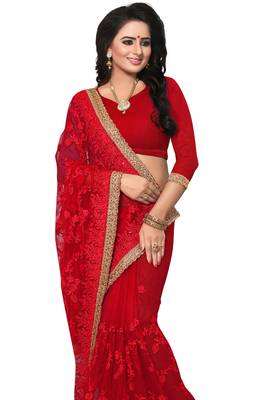Red embroidered net saree with blouse 2