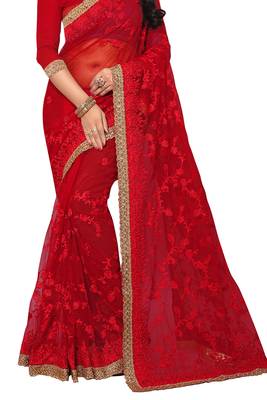Red embroidered net saree with blouse 3