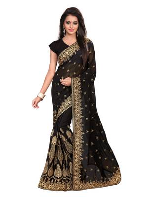 Black embroidered georgette saree with blouse 1