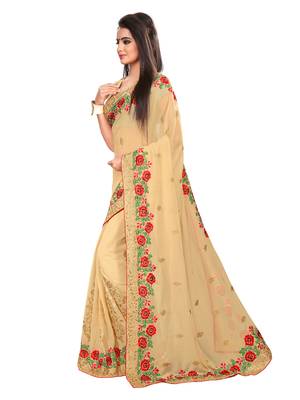 Beige embroidered georgette saree with blouse 2