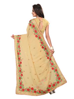 Beige embroidered georgette saree with blouse 3