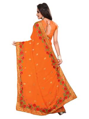 Orange embroidered georgette saree with blouse 3