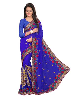 Blue  Embroidered Georgette Saree With Blouse 1