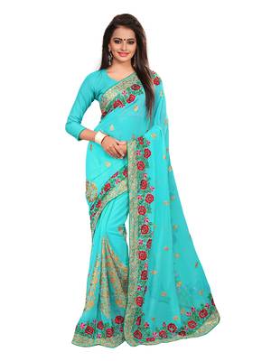 Sky blue embroidered georgette saree with blouse 1
