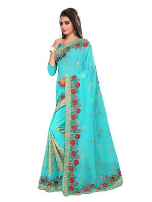 Sky blue embroidered georgette saree with blouse 2