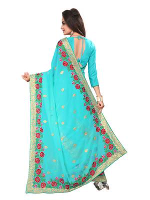 Sky blue embroidered georgette saree with blouse 3