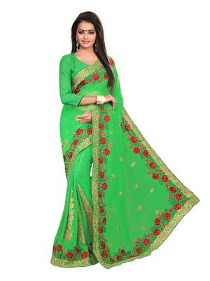 Green embroidered georgette saree with blouse 1