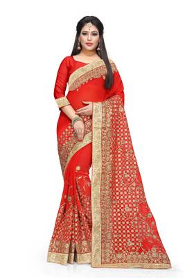 Red embroidered georgette saree with blouse 1