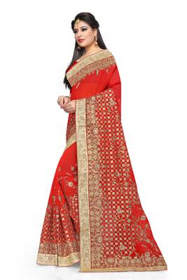 Red embroidered georgette saree with blouse 2