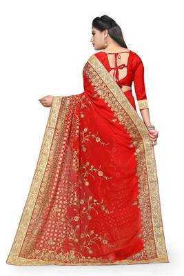 Red embroidered georgette saree with blouse 3