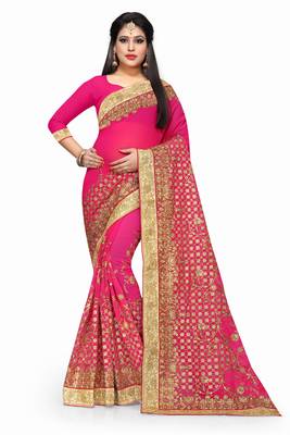 Pink embroidered georgette saree with blouse 1