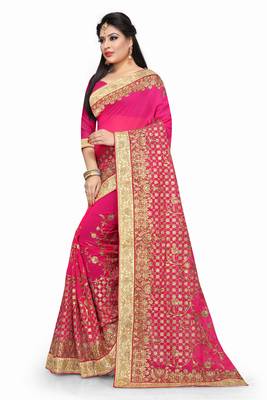 Pink embroidered georgette saree with blouse 2