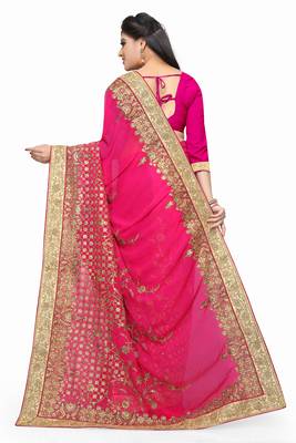 Pink embroidered georgette saree with blouse 3