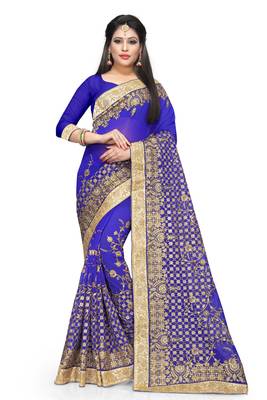Blue embroidered georgette saree with blouse 1