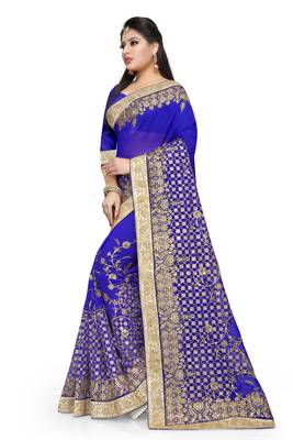 Blue embroidered georgette saree with blouse 2