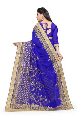 Blue embroidered georgette saree with blouse 3