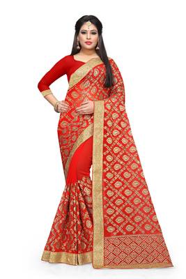 Red embroidered georgette saree with blouse 1