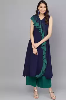 Dark-blue printed crepe ethnic-kurtis