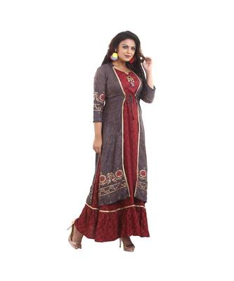 Designer Maroon Anarkali Kurta with Printed Jacket  For Women 2