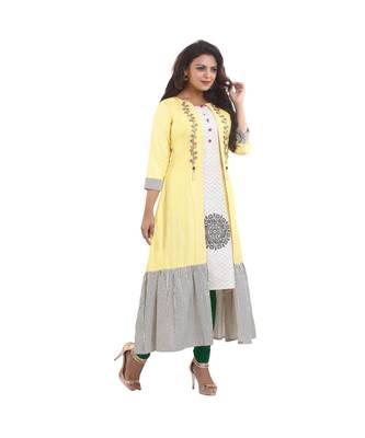 DesignerCream Printed Kurta with Attached Jacket  For Women 2
