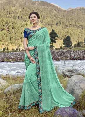   sky blue embroidered fancy fabric saree with blouse 1