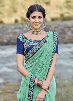   sky blue embroidered fancy fabric saree with blouse 2