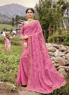   light pink embroidered fancy fabric saree with blouse 1
