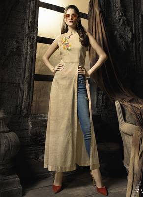 Beige embroidered cotton cotton-kurtis 1