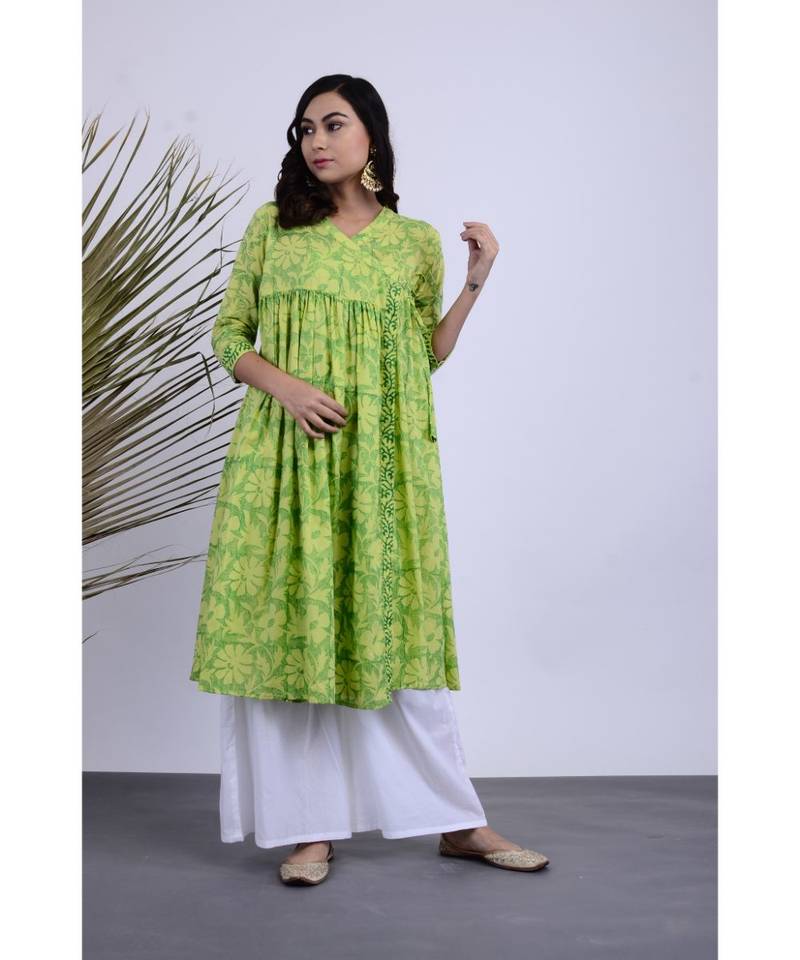 Huzur Green Hand Block Kurta Palazzo Set