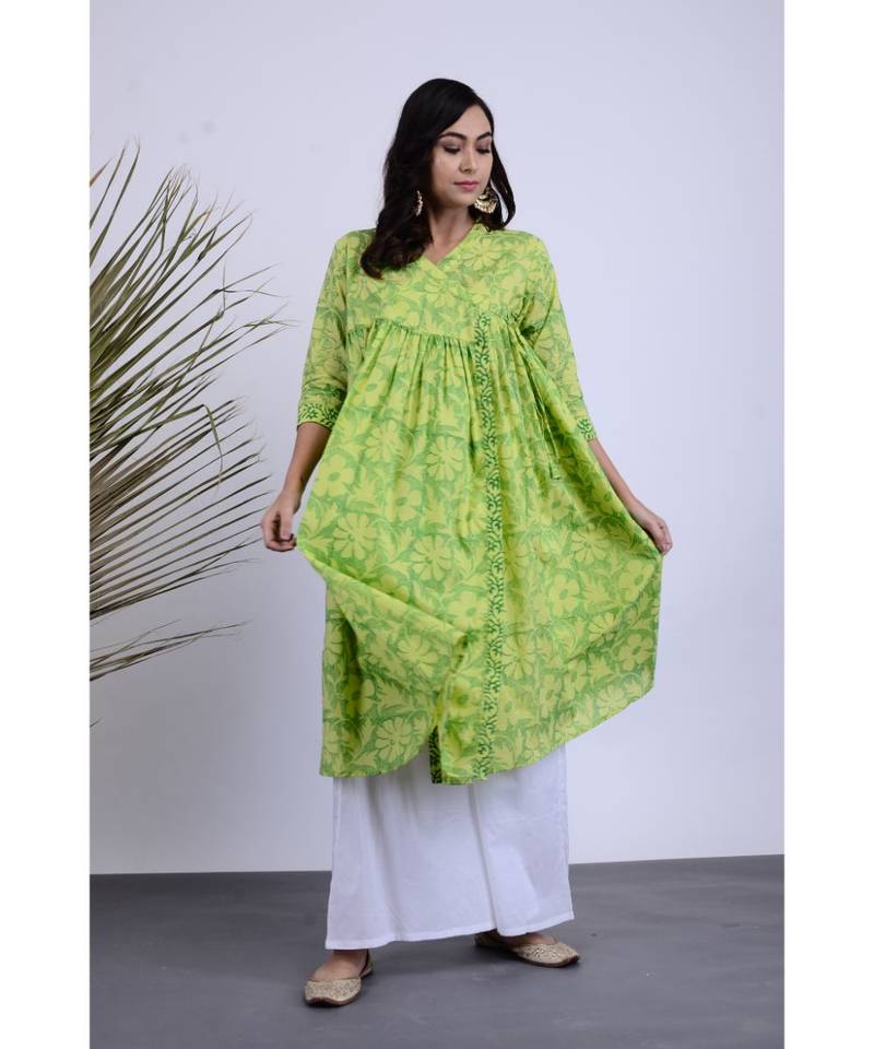 Huzur Green Hand Block Kurta Palazzo Set