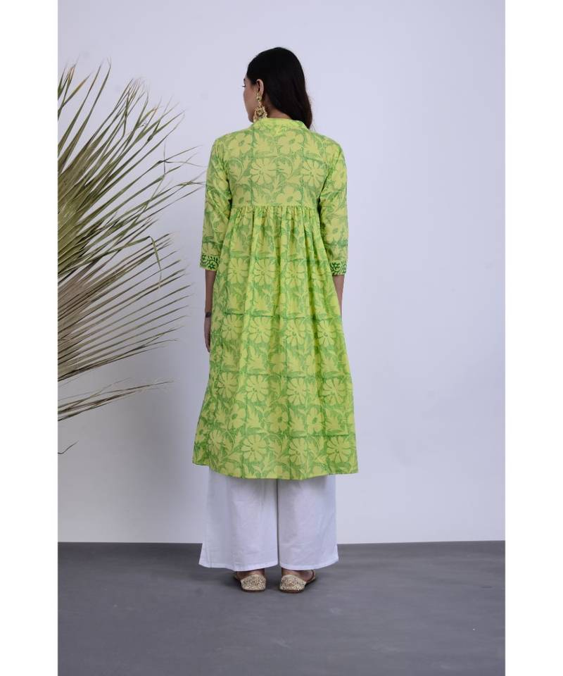 Huzur Green Hand Block Kurta Palazzo Set