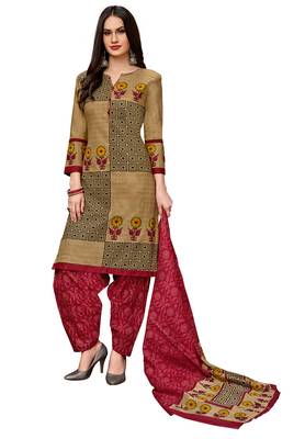Women's Beige & Maroon Cotton Printed Readymade Salwar Suit Set 1
