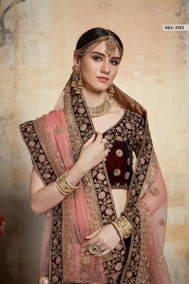 Maroon Embroidered Velvet Unstitched Lehenga 1