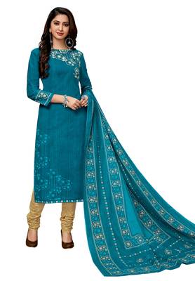 Women's Turquoise & Beige Cotton Printed Readymade Salwar Suit Set 1