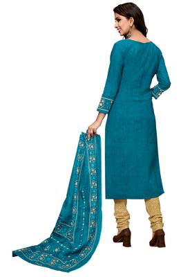 Women's Turquoise & Beige Cotton Printed Readymade Salwar Suit Set 2