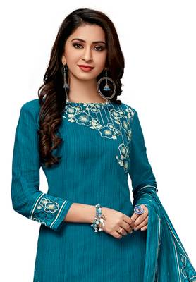 Women's Turquoise & Beige Cotton Printed Readymade Salwar Suit Set 3