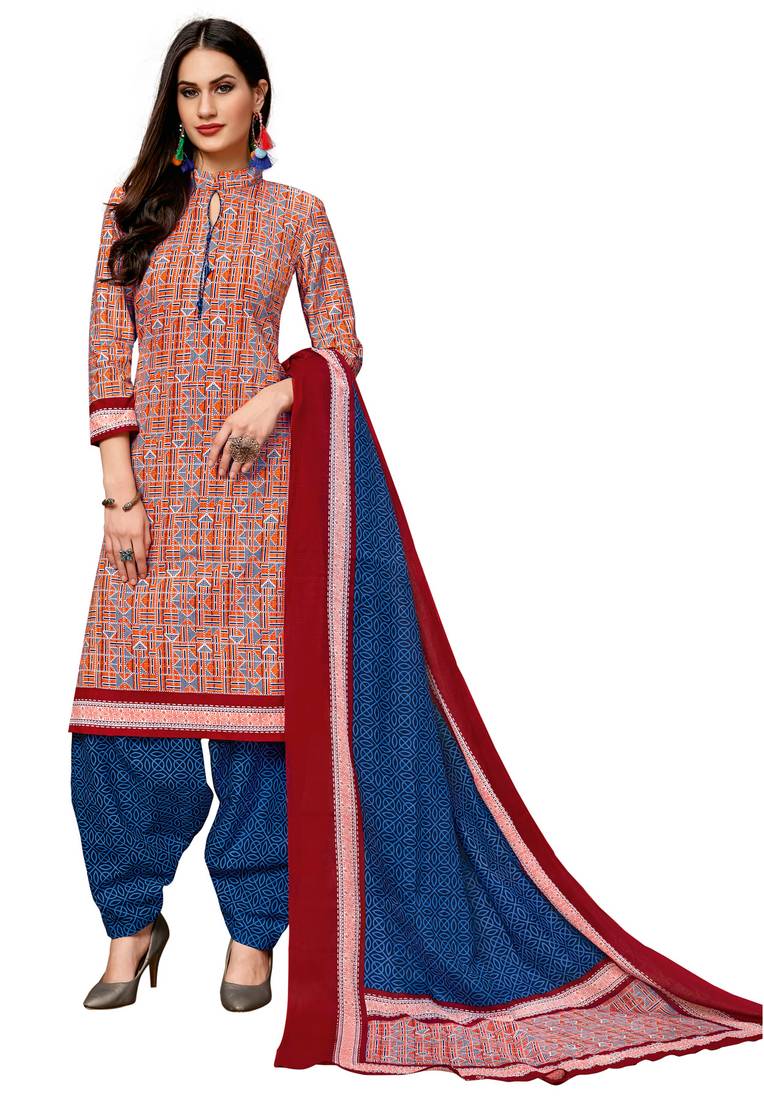 Women's Orange & Blue Cotton Printed Readymade Salwar Suit Set